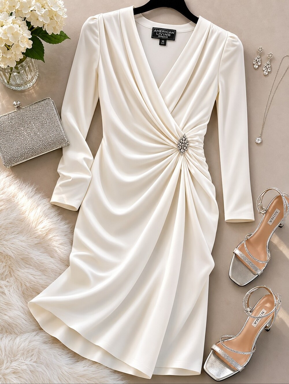 RESERVED @moonlight_kate -Ivory Long Sleeve Cocktail Dress Size 10 Wedding Guest - Picture 3 of 9